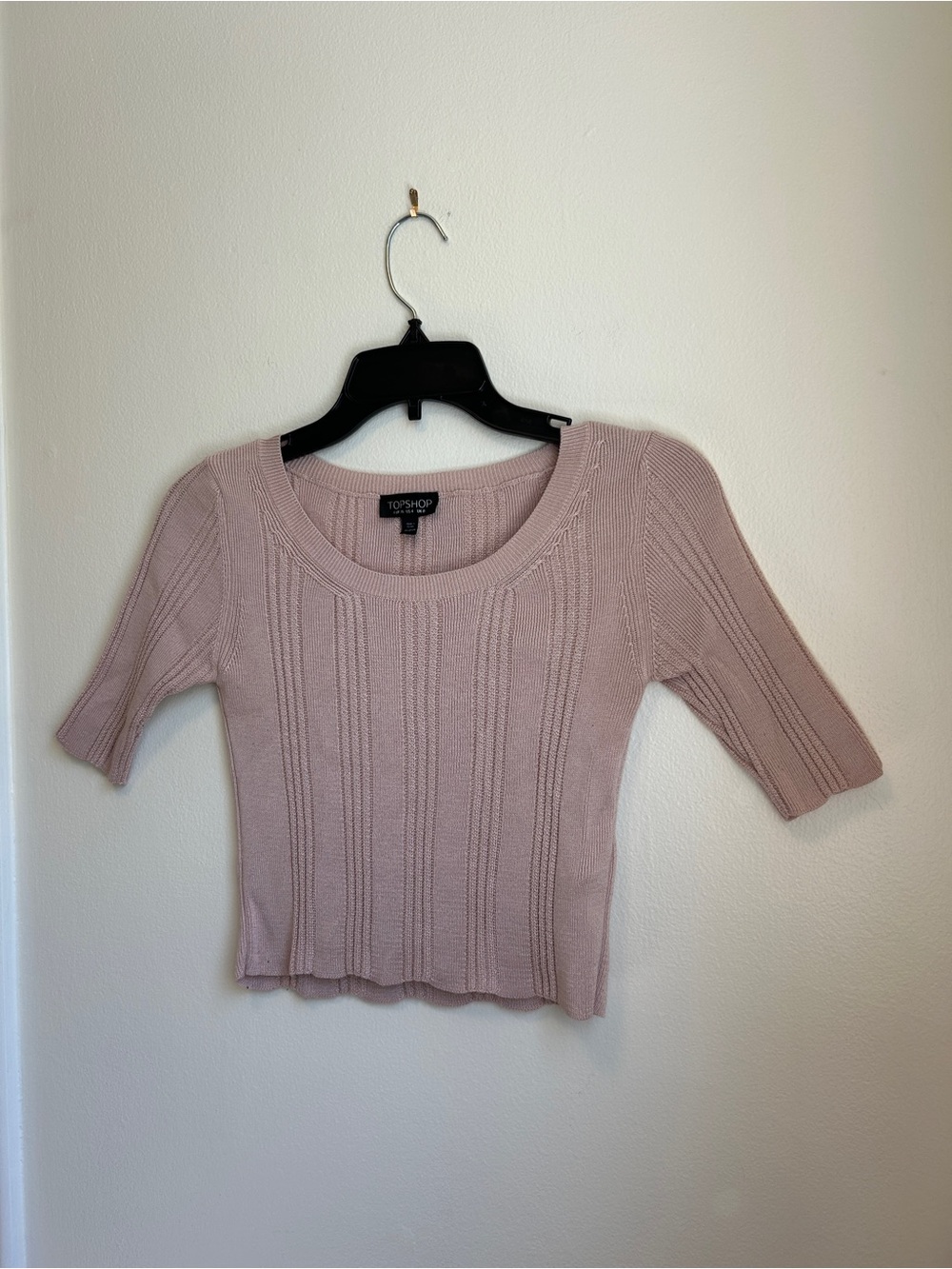 Topshop Dusty Pink Ribbed Scoop-Neck Cropped Short Sleeve Sweater